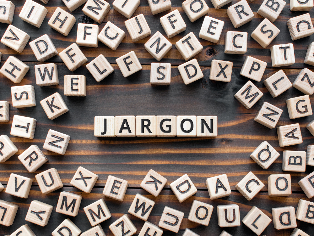 scrabble pieces spelling out jargon